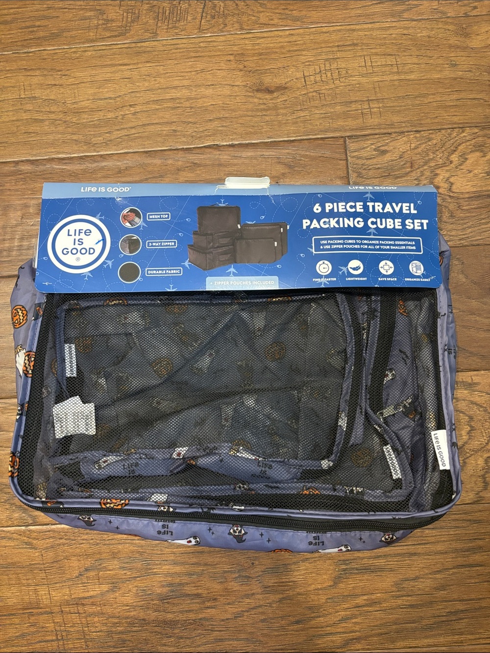 Life Is Good Blue 6-Piece Travel Packing Cube Set with Printed Accents